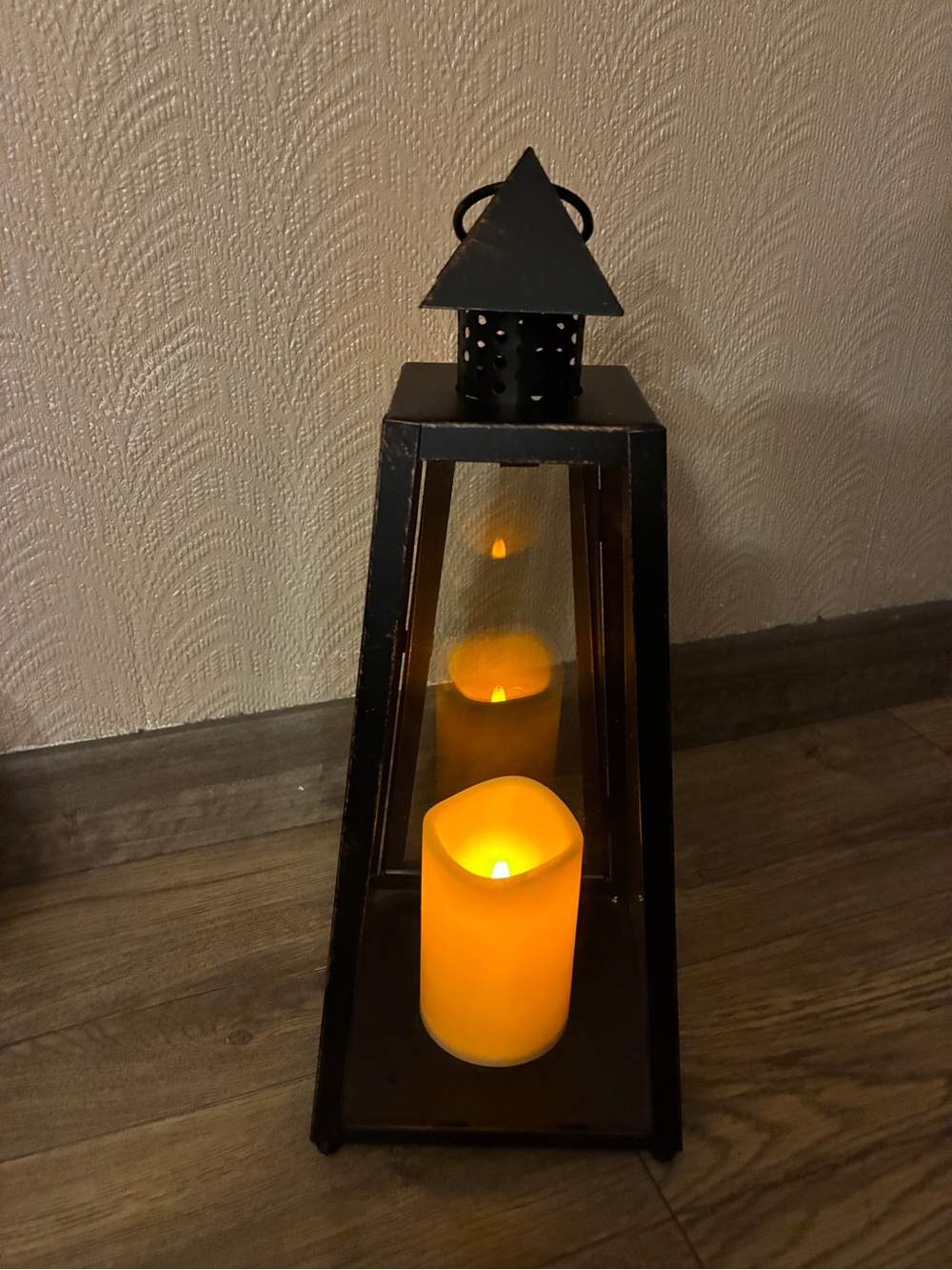 Black Metal Lantern with Flickering Amber LED Candle